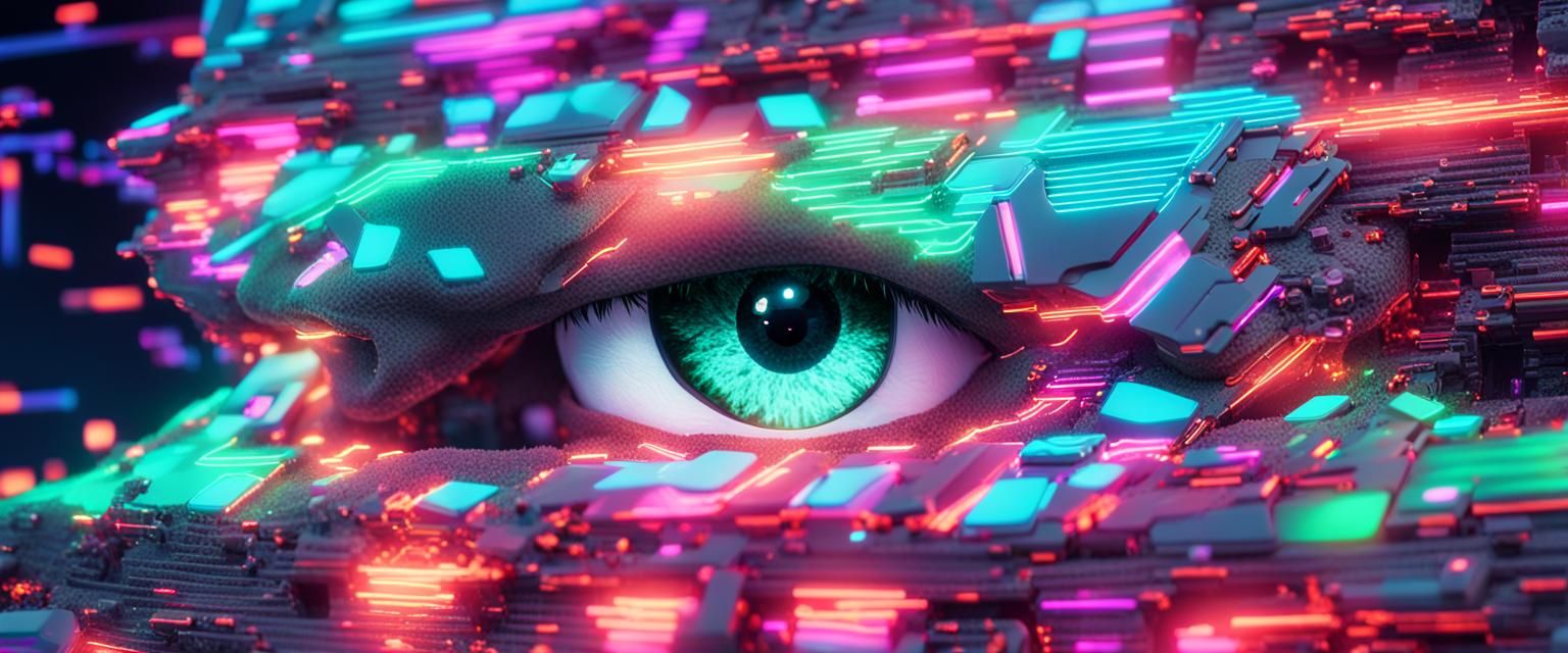 Glitched Robot Face in Hyper-Realistic 3D Anime Style