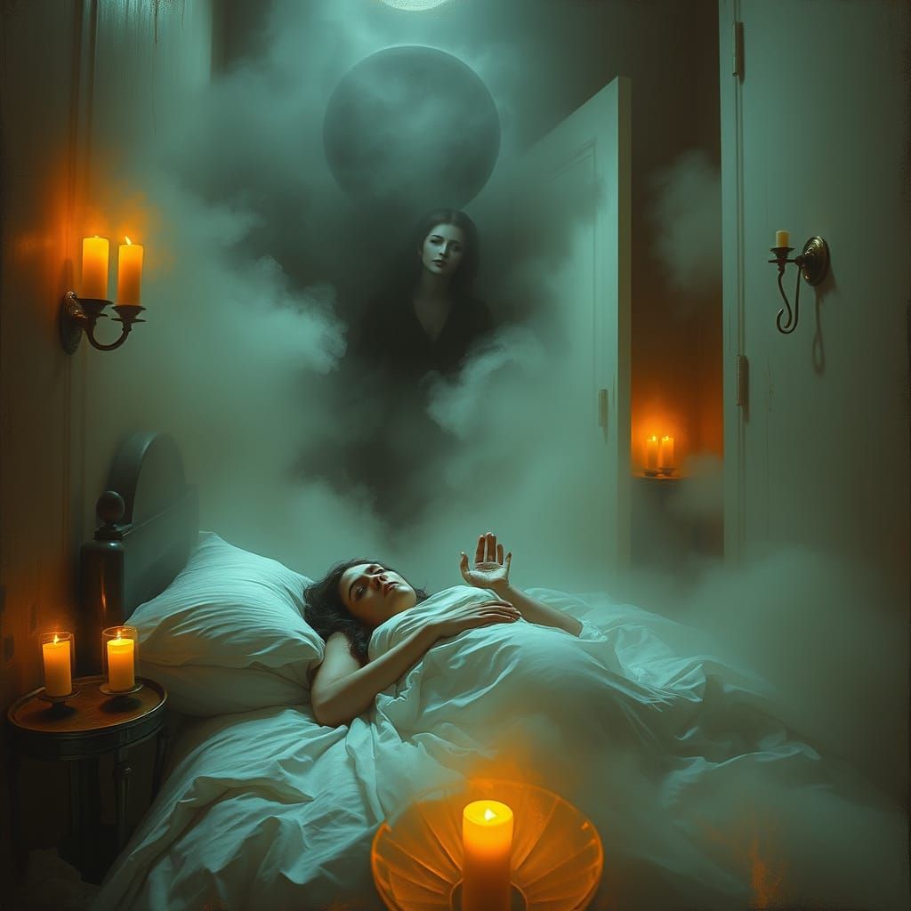 Surreal Dreamscape of a Woman in Bed