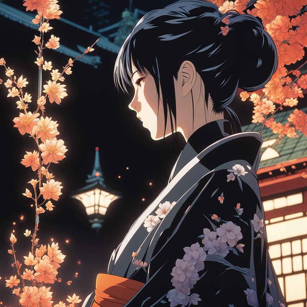 Woman in Black Kimono, Anime Style