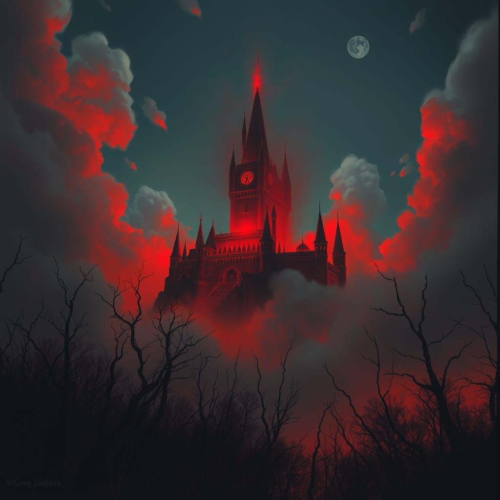 Ethereal Red Castle Rises from Darkened Forest Skies