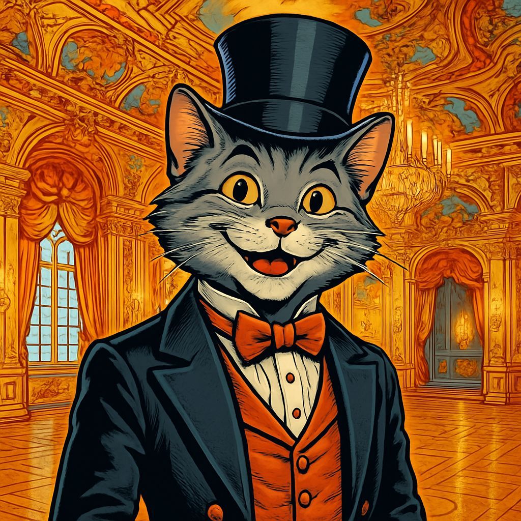 Smiling Tabby Cat in Rococo Ballroom, Comic Book Art