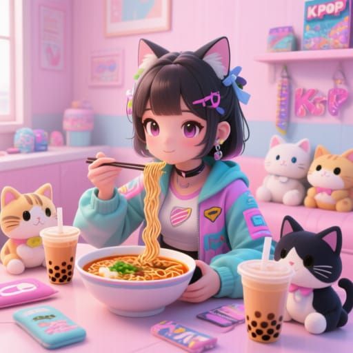 Y2K Girl Surrounded by Cats and K-Pop in 3D Anime Style