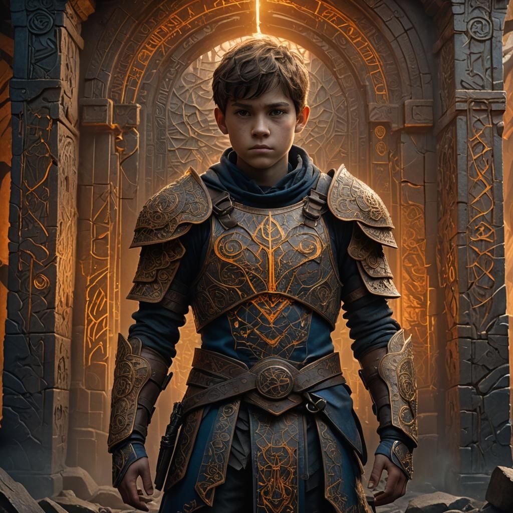 Boy with Mystical Runes in Ominous Setting
