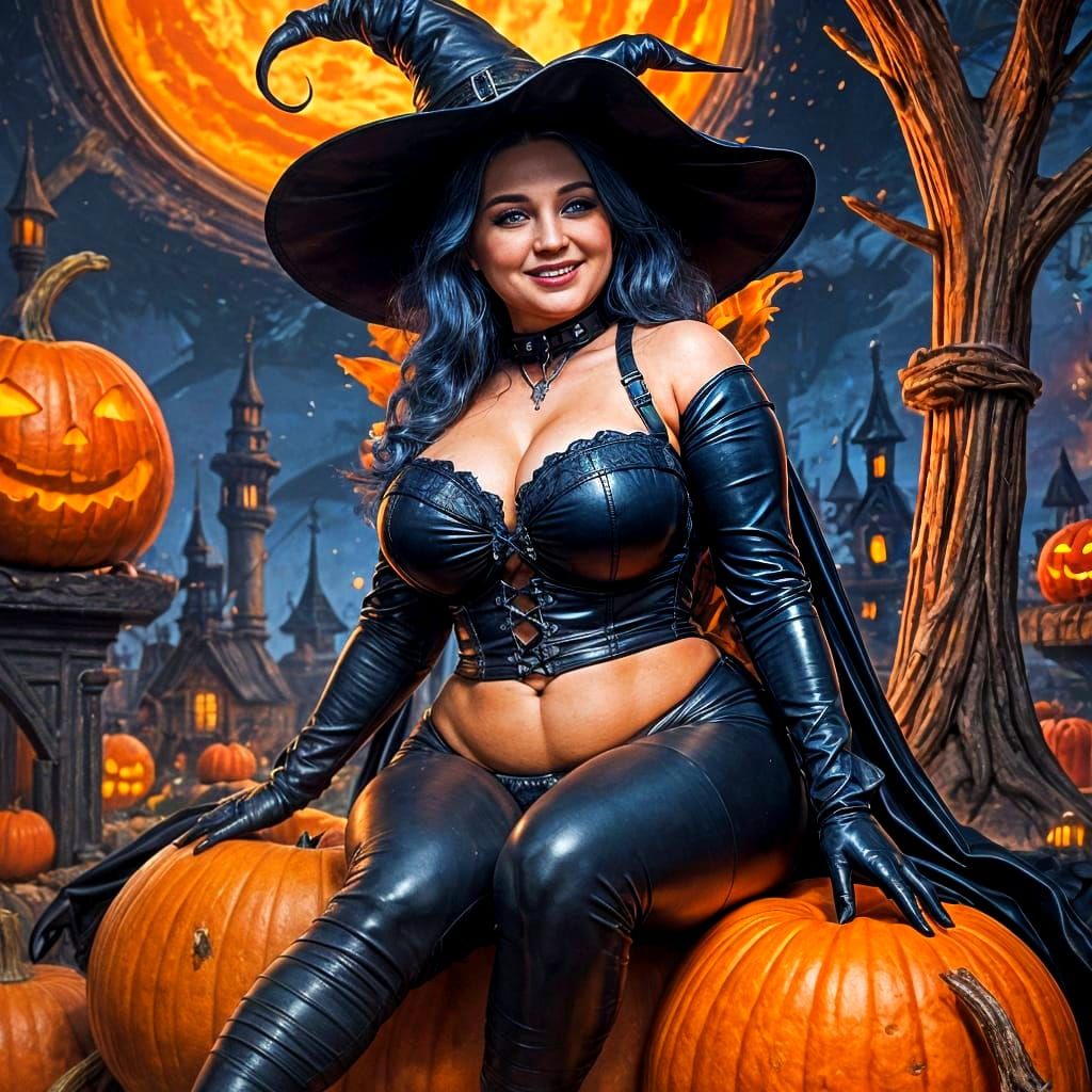 Chubby Witch in Gothic Catsuit on Pumpkin