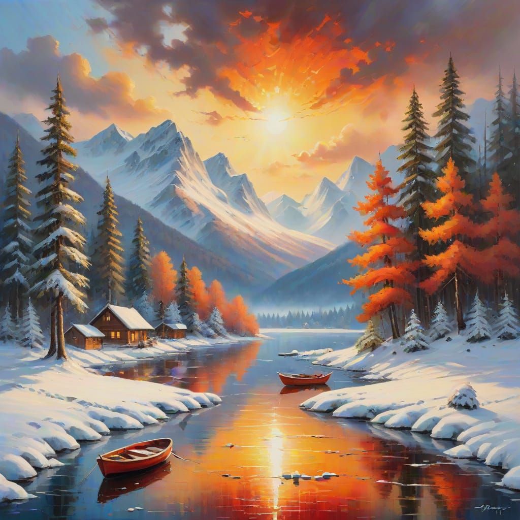 Serene Lake in Autumn Splendor, Impressionist Oil Painting