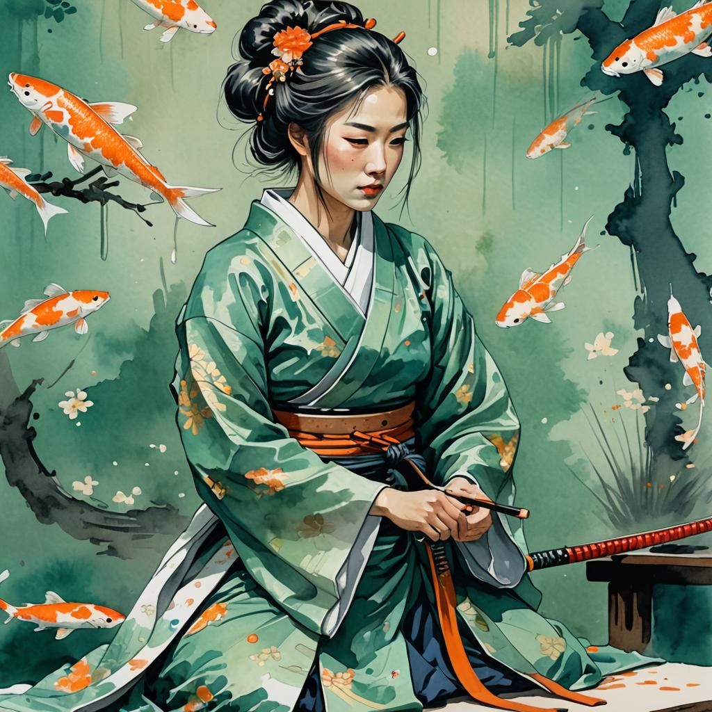 Medieval Samurai Prepares for Seppuku in Gouache Style