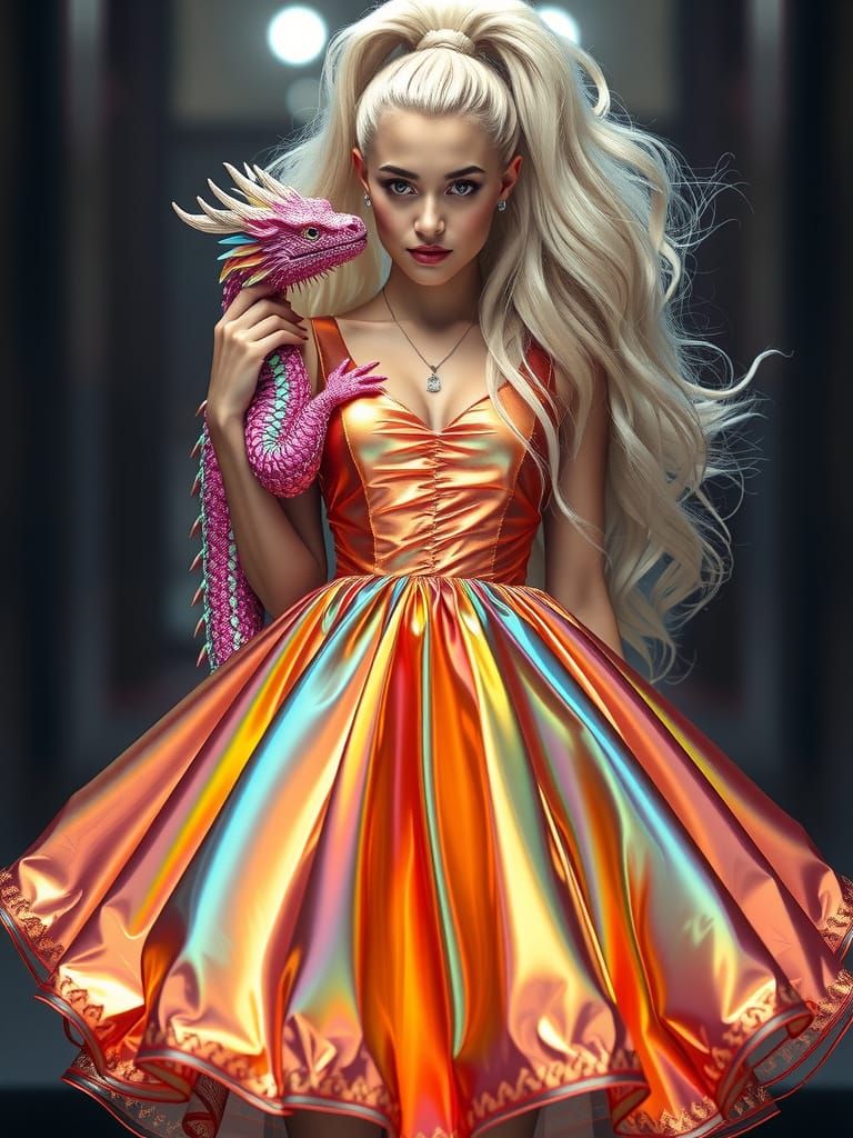 Woman in Rainbow Dress with Bioluminescent Dragon