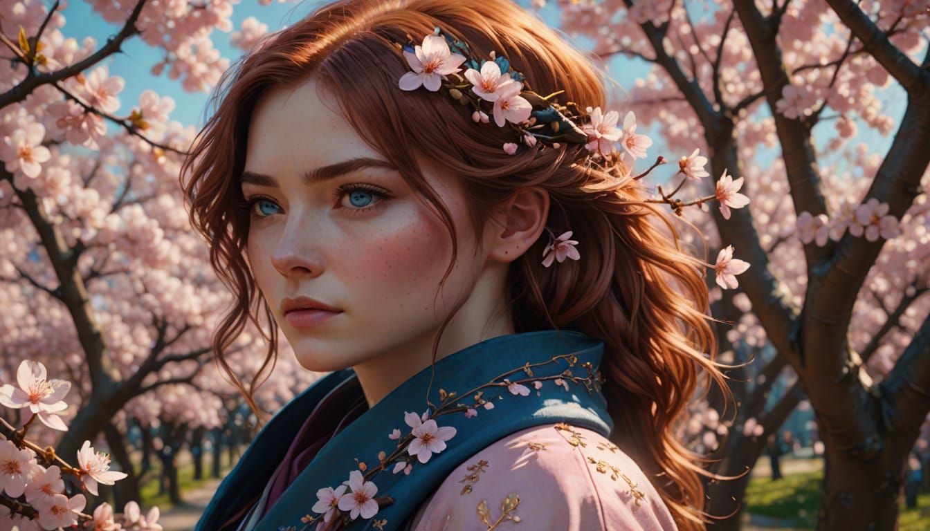 Auburn-Haired Woman with Blue Eyes in Digital Painting