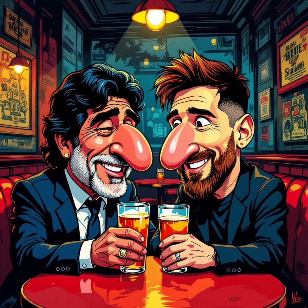 Maradona and Messi Caricature in Argentine Cafe