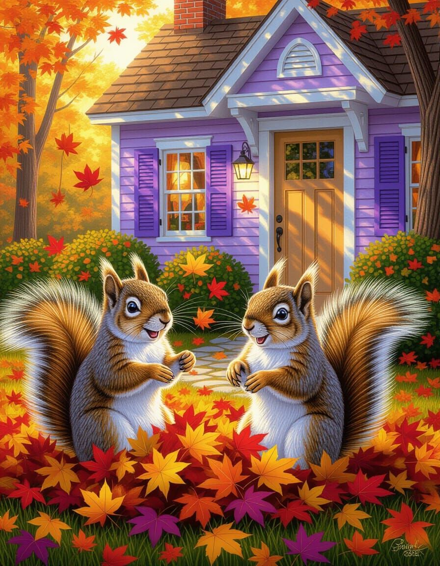 Adorable Squirrels Play in Fall Leaves by Cottage