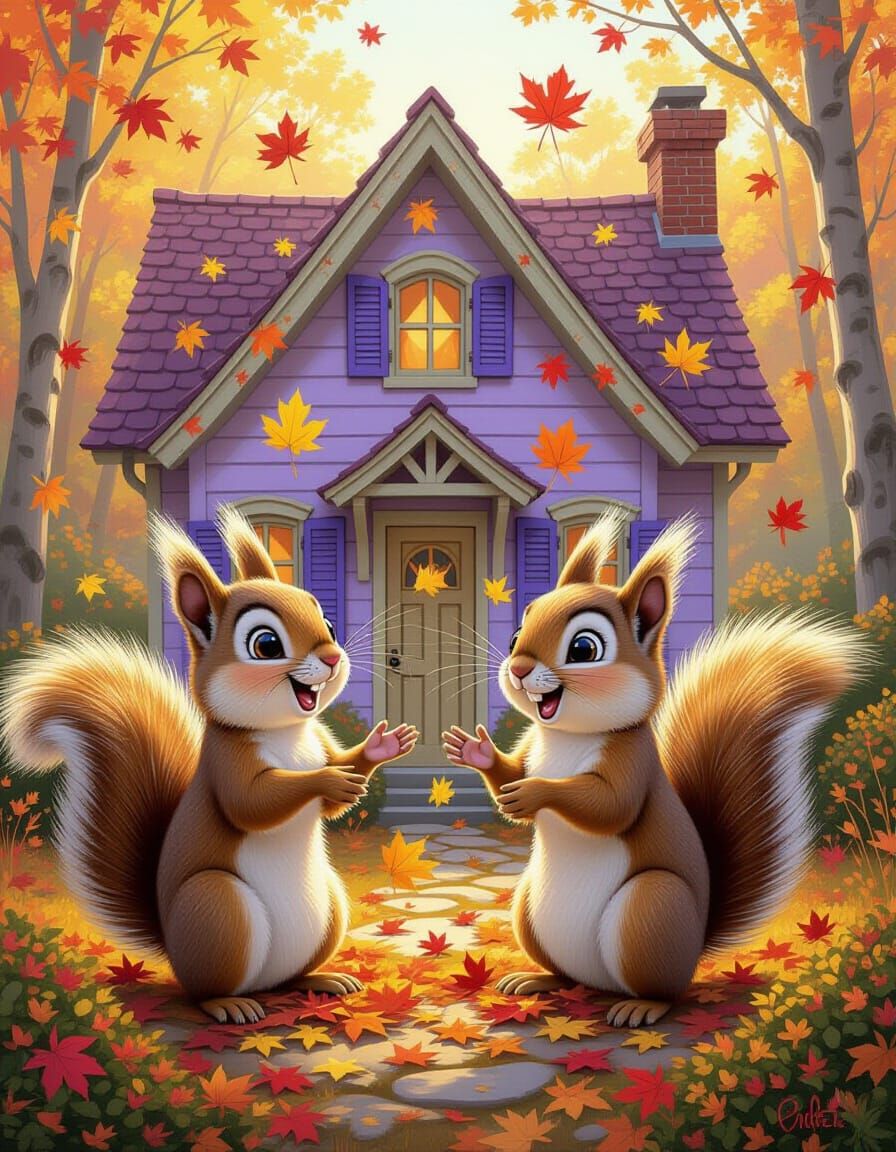 Whimsical Squirrels in a Fantasy Cottage: Pixar Style Acryli...