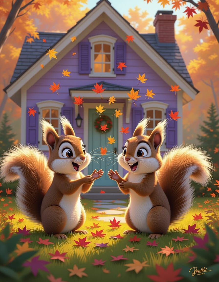 Whimsical Squirrels in Fall Forest Acrylic Painting