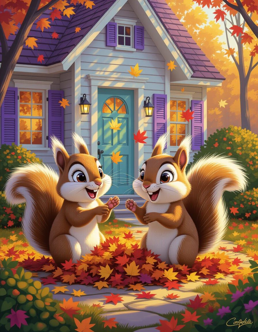 Whimsical Squirrels Play in Fall Leaves by Neon Cottage