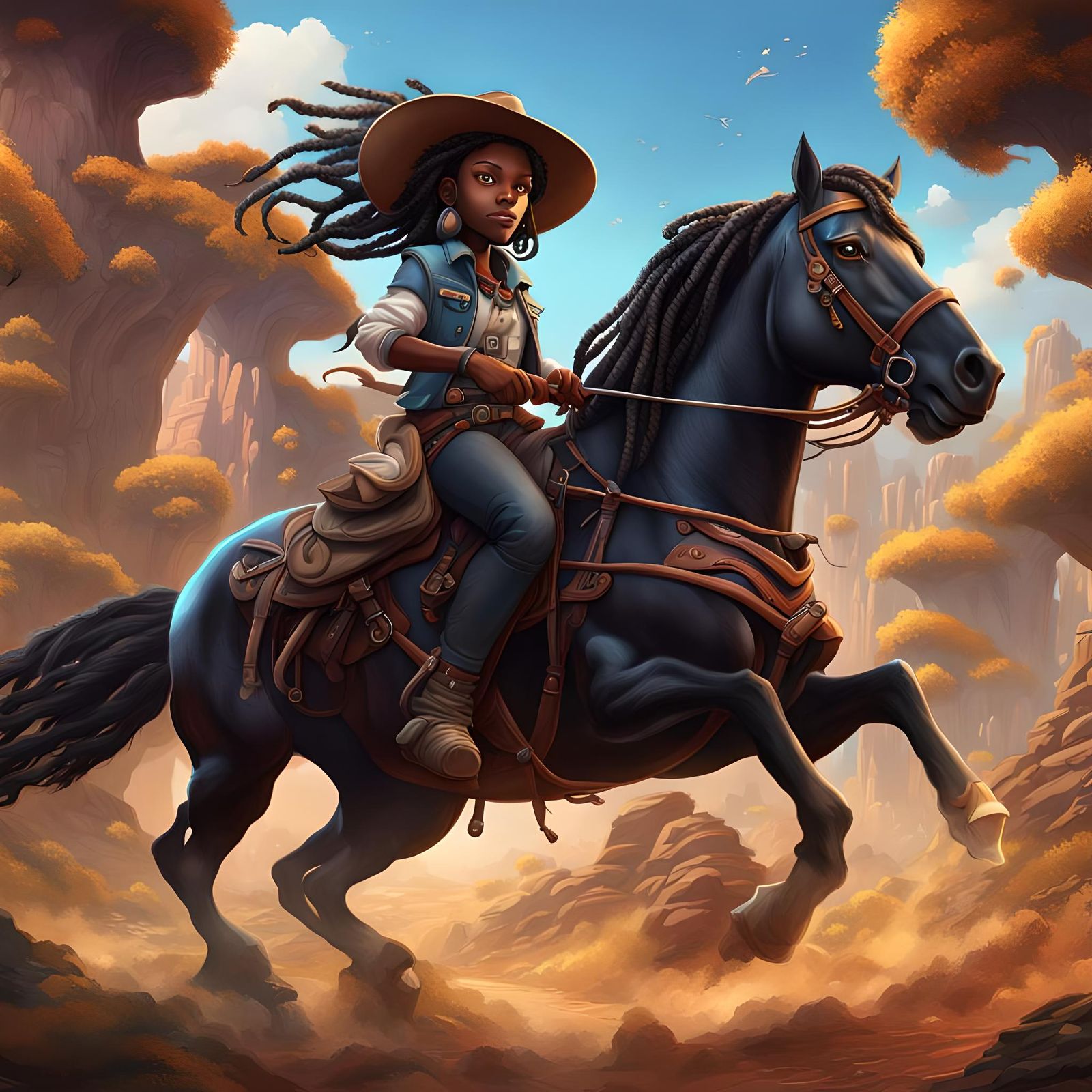 Young Black Cowgirl Rides Stallion: Cartoon Art