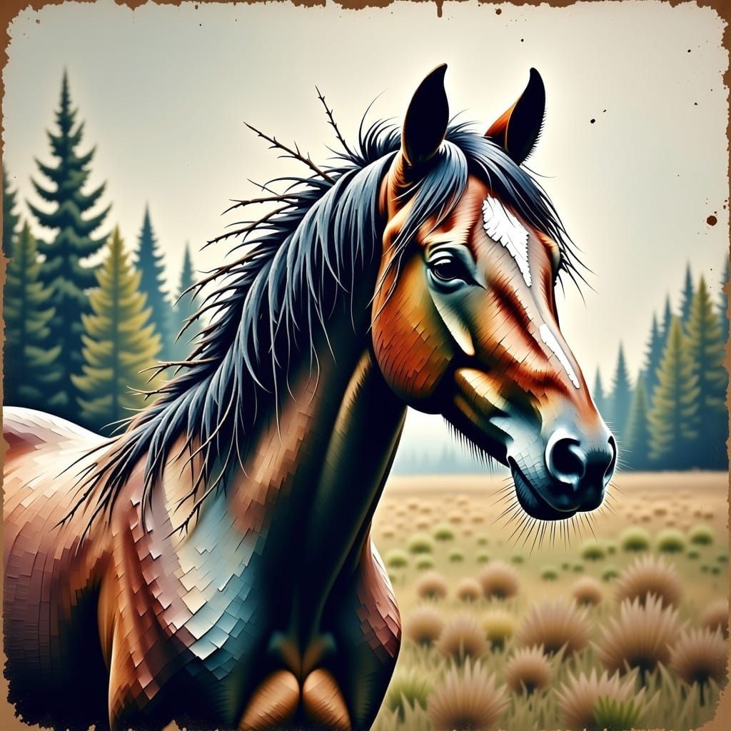 Wild Horse with Twigs: Neo-Expressionist Digital Art