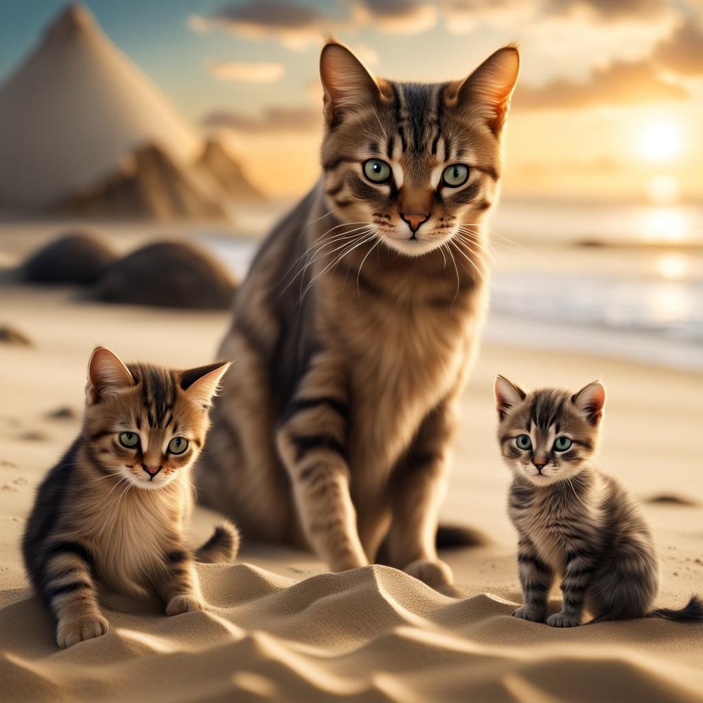 Mother Cat and Kittens on Beach: Digital Matte Painting
