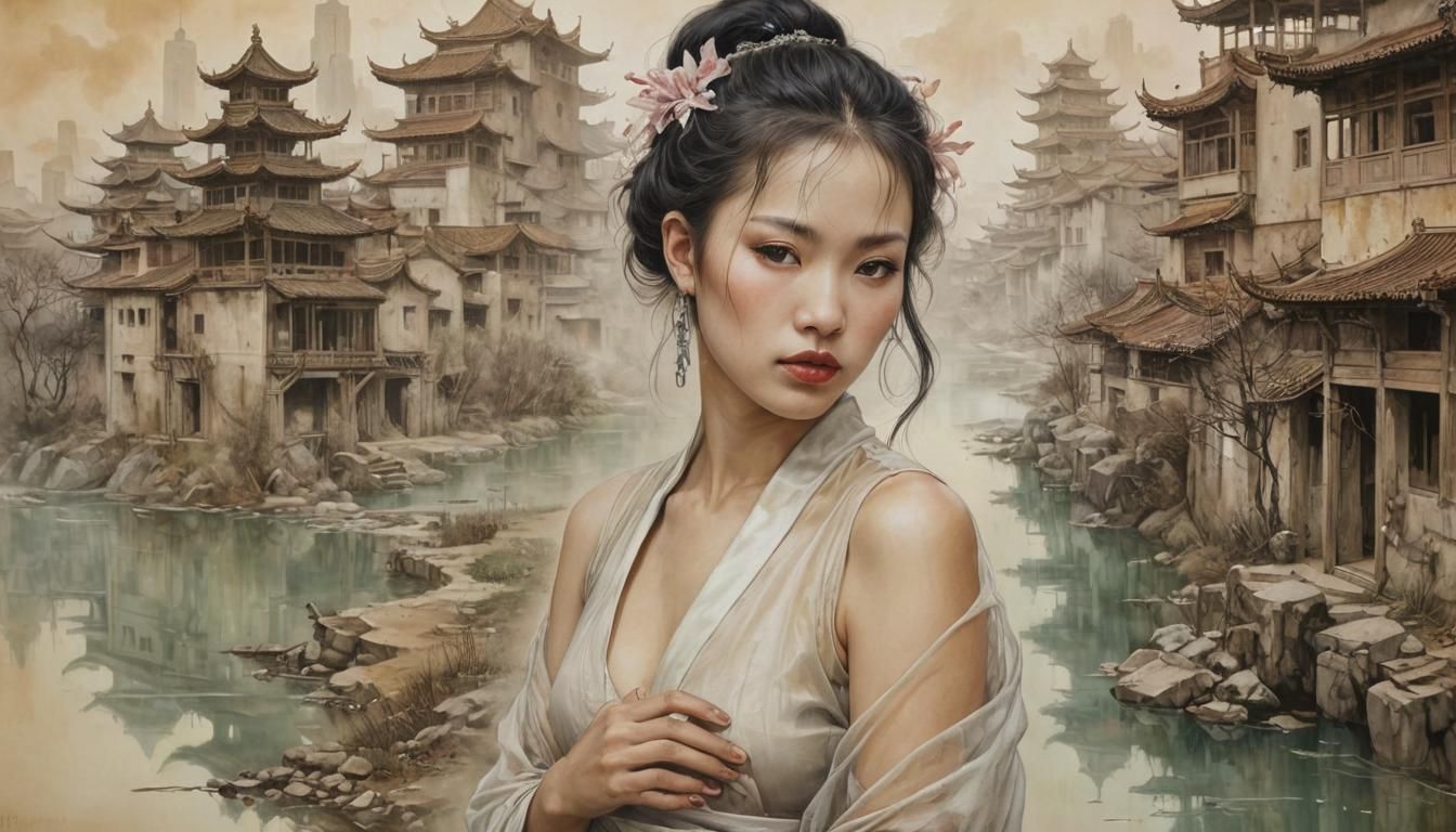 Dystopian Chinese Portrait in Oil with Double Exposure