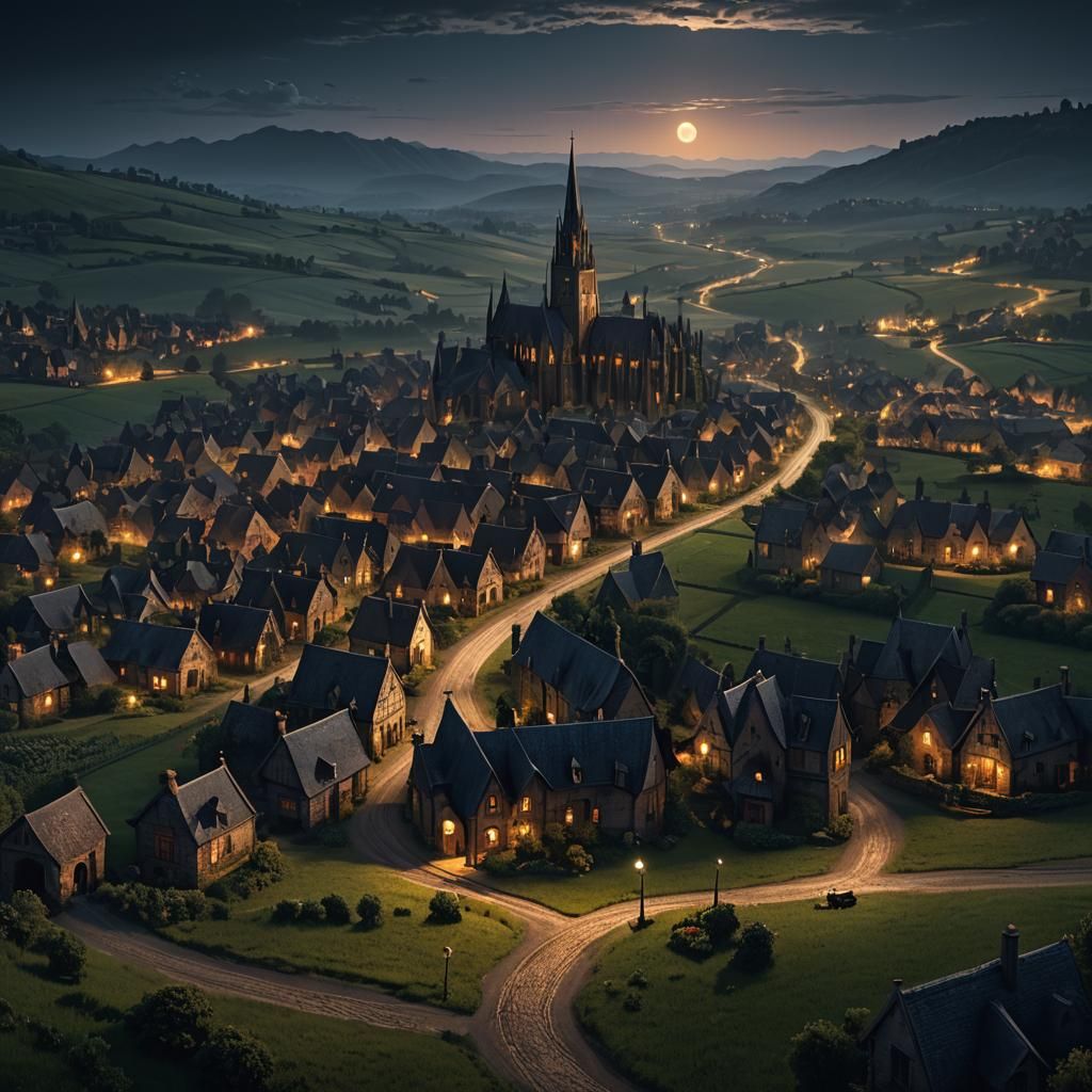 Gothic Town at Night with Lone Wanderer