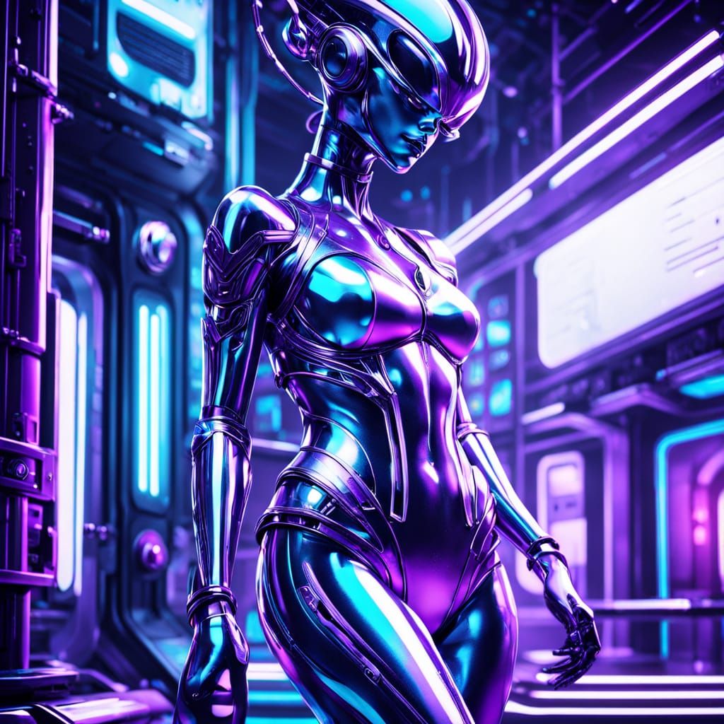 Glowing Alien Goddess in Metallic Haven