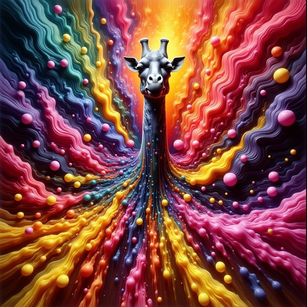 Whimsical Giraffe Bursting from Colorful Vortex