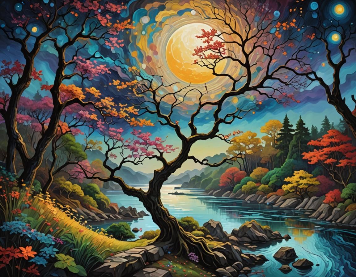 Expressionist Oil Painting: Japanese Moon and Trees