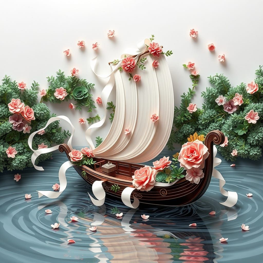 Anime Style Chinese Junk Boat Floating Down River
