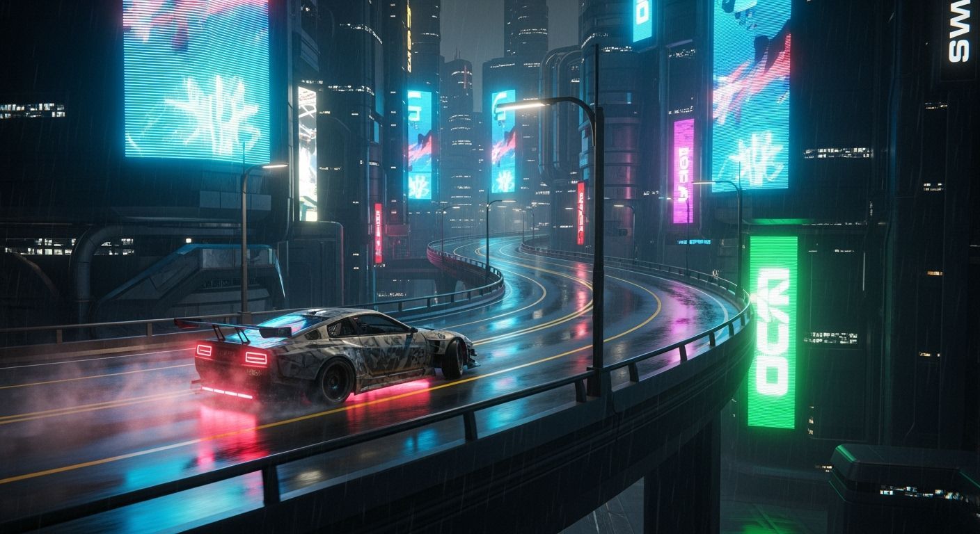 Cyberpunk Drift Car Races on Neon City Road
