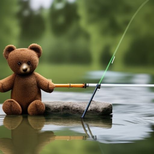 Teddy Bear Fishing in Pond: Photorealistic 8K