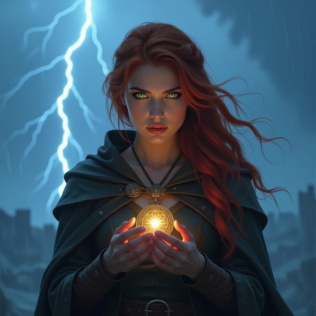 Fiery Woman Amidst Storm with Mystical Amulet