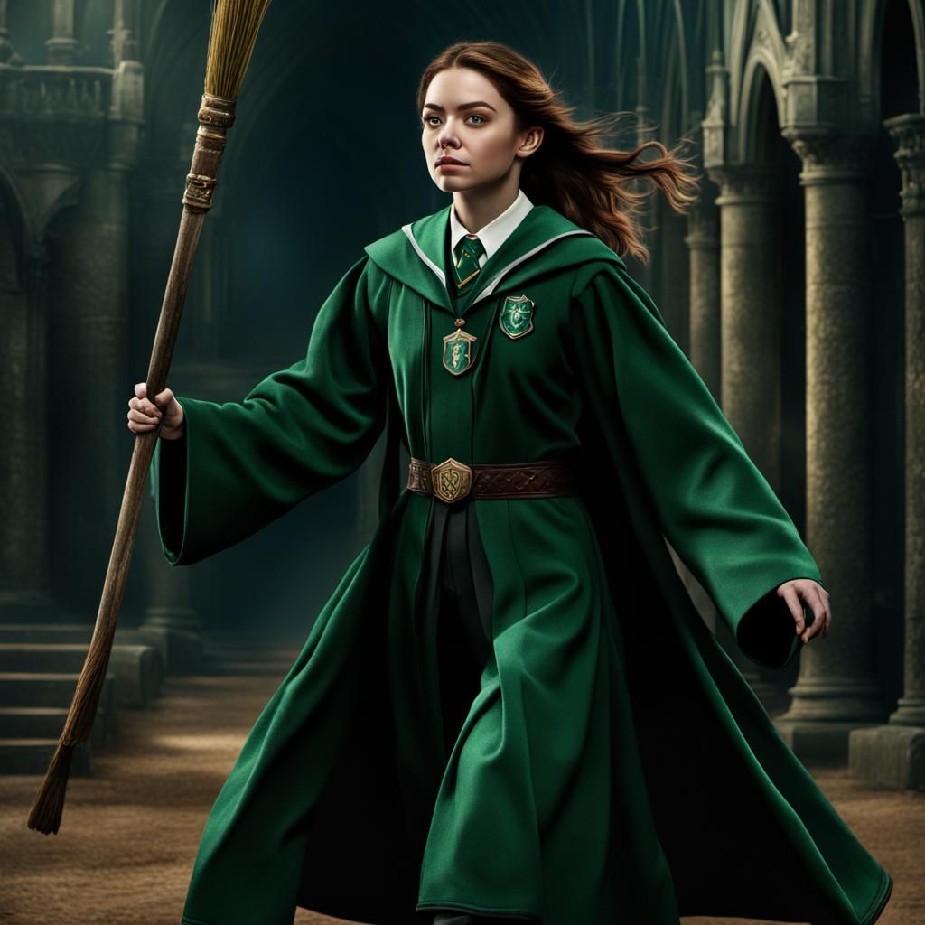Slytherin Quidditch Player Flying on Broomstick