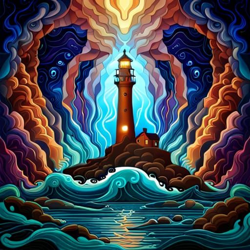 Gothic Lighthouse in Stormy Sea, Art Nouveau Stained Glass