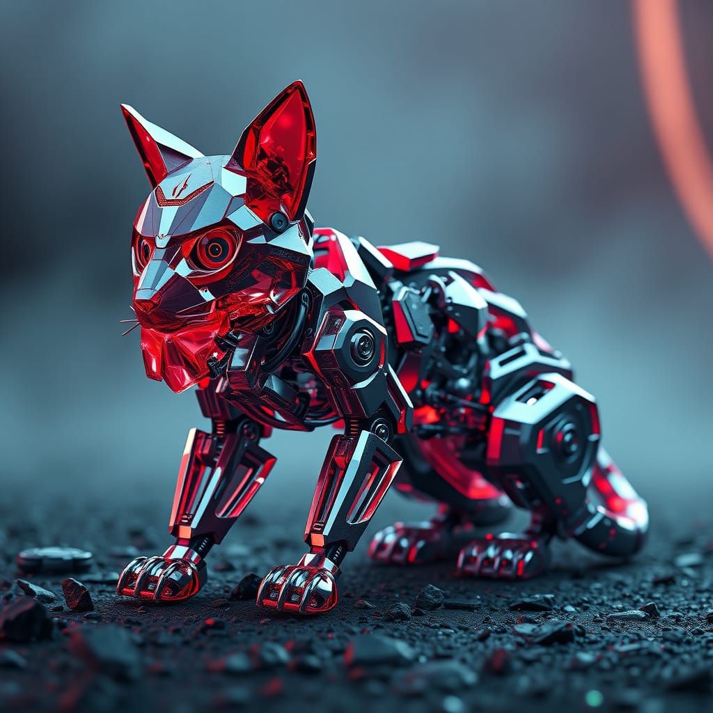 Cyberpunk Red Crystal Cat Sculpture in Polished Metal