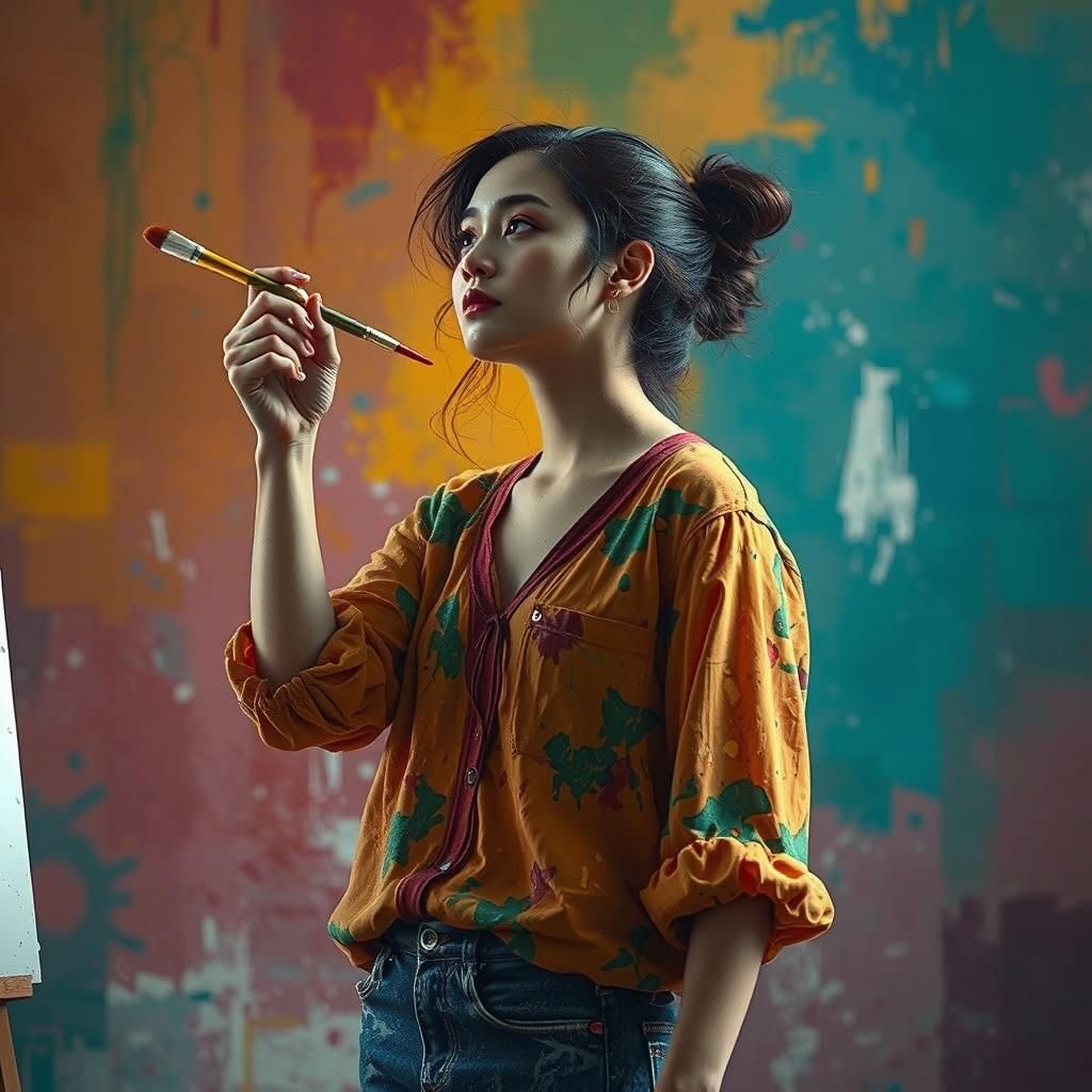 Female Artist Contemplates Blank Canvas in Hyperrealistic St...