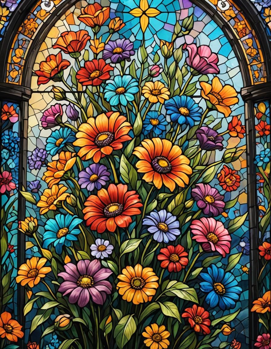 Stained Glass Flowers: Colorful Polychromatic Art