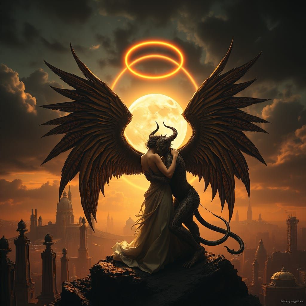 Ethereal Embrace: Angel and Demon United in Forbidden Love