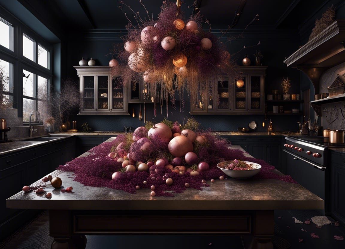 Gothic Kitchen with Gold, Pink, and Black Details