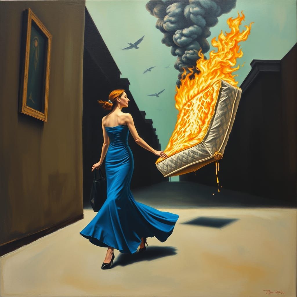Surreal Flaming Mattress Descent: A Dali-esque Vision