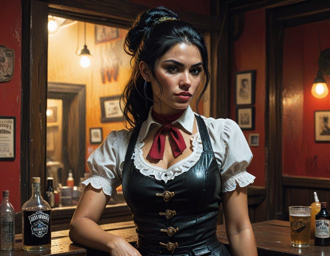 Mexican Waitress in Ominous Comic Noir Saloon