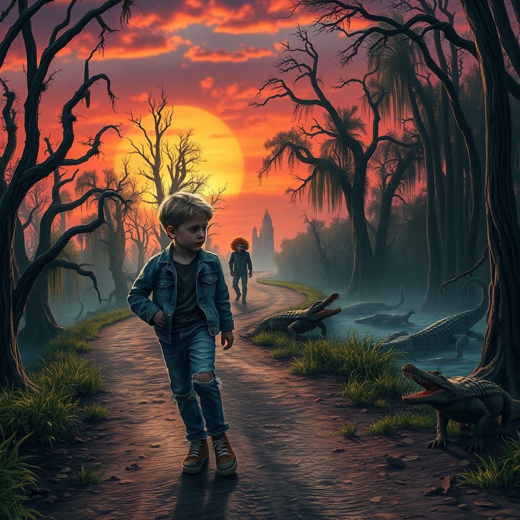 Eerie Child and Zombie Clown in Swamp Landscape