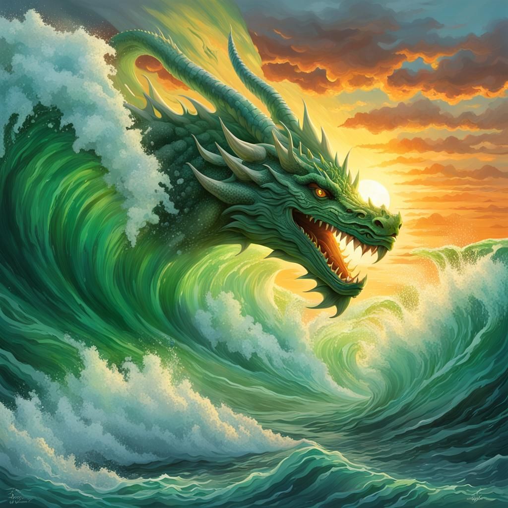 Green Dragon Emerges from Frothy Sunset Wave