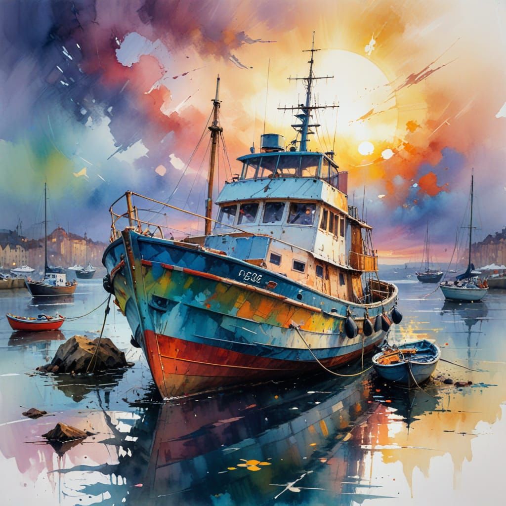 Sunset Harbor: A Neo-Impressionistic Oil Painting