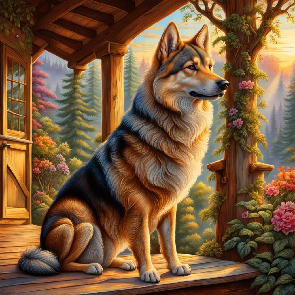 Attentive Alsatian Dog Awaits at Forest Cottage