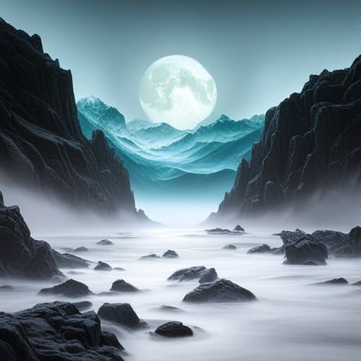 Moonlit Teal Tsunami: Detailed Fantasy Art