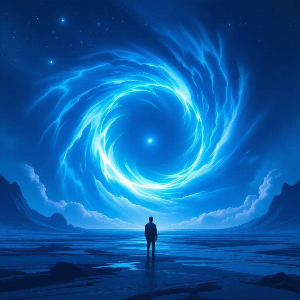 Alien Landscape with Swirling Blue Portal and Lone Figure