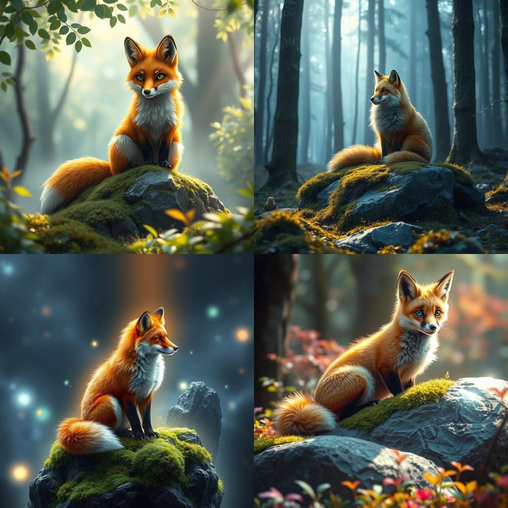 3D Fox Sits on a Mossy Rock in a Holographic Scene