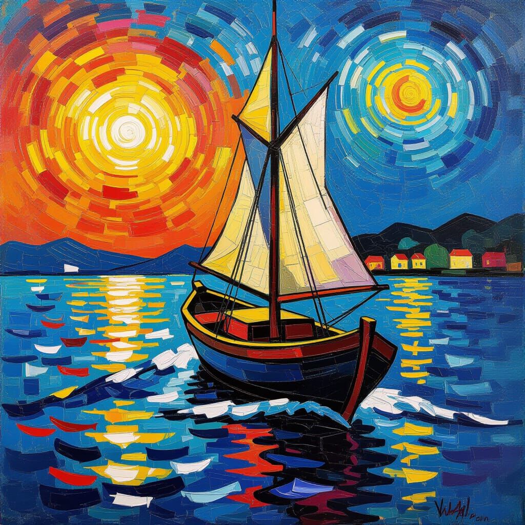 Serene Boat Sailing: An Impasto Painting