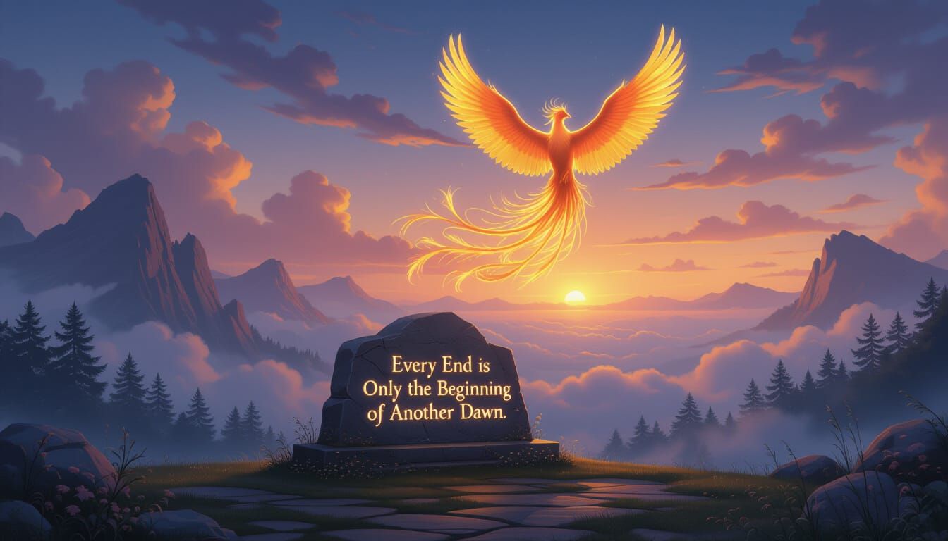 Ethereal Phoenix Soars Over Healing Landscape at Dawn