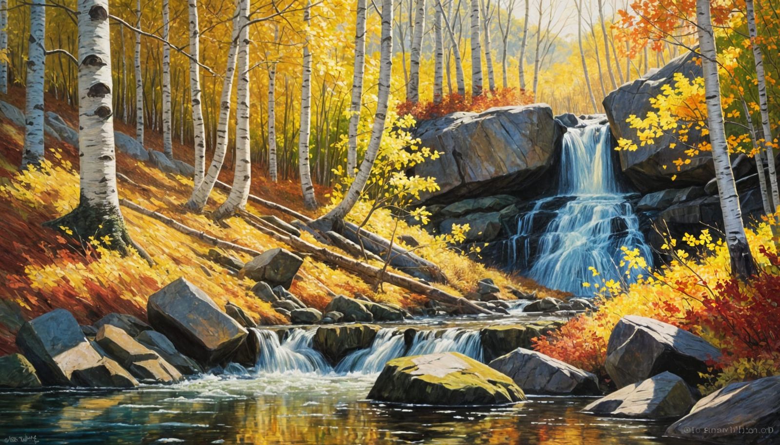 Autumnal Waterfall: Impasto Oil Painting with Volumetric Lig...