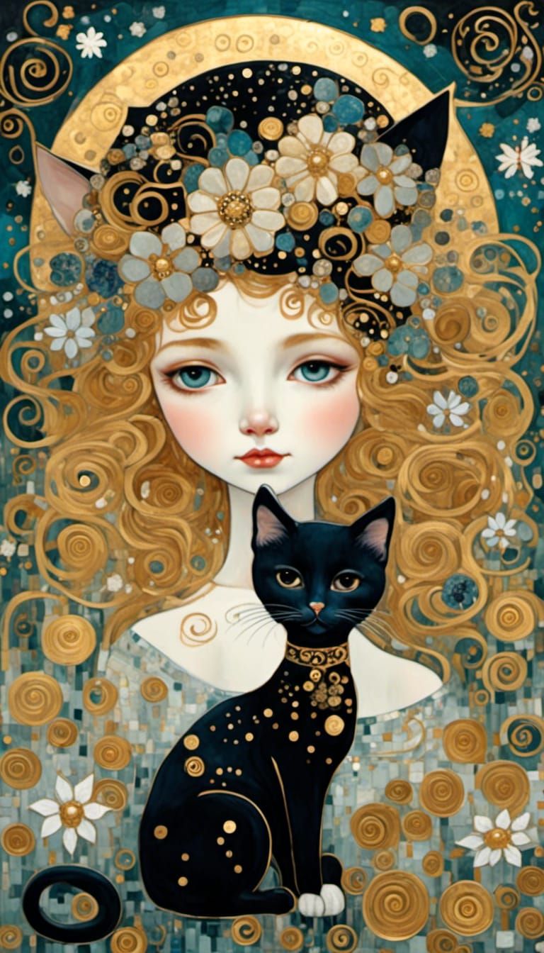 <lora:Klimt Craft:1.0> Gustav Klimt art style. Close-up portrait. Black chibi kitten Cat wearing a glittering golden Chr...