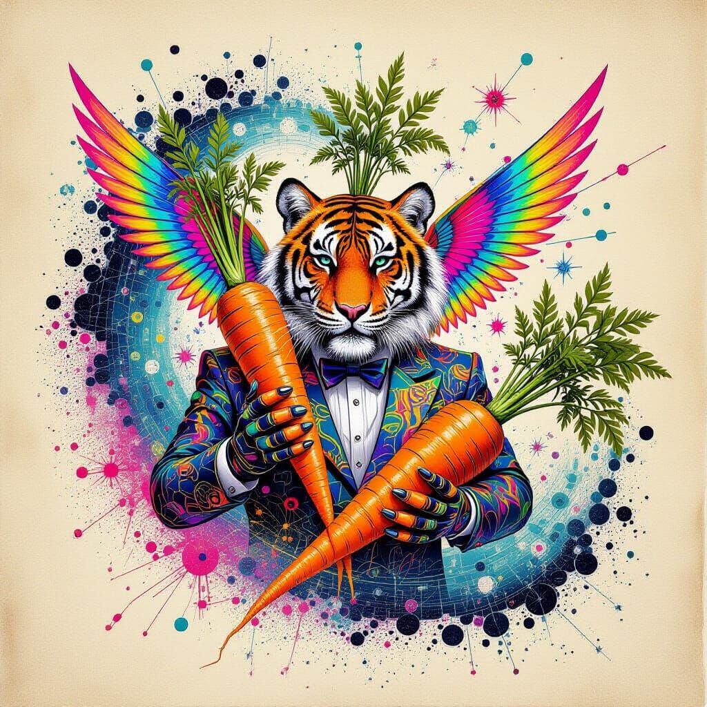 Surreal Carrot Tiger with Iridescent Wings in Intricate Styl...